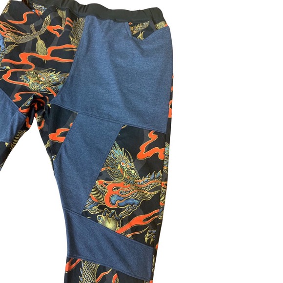 1 of 1 Reworked Dragon Pants, Joggers. Elastic waistband, dragon print, gold - Picture 6 of 7